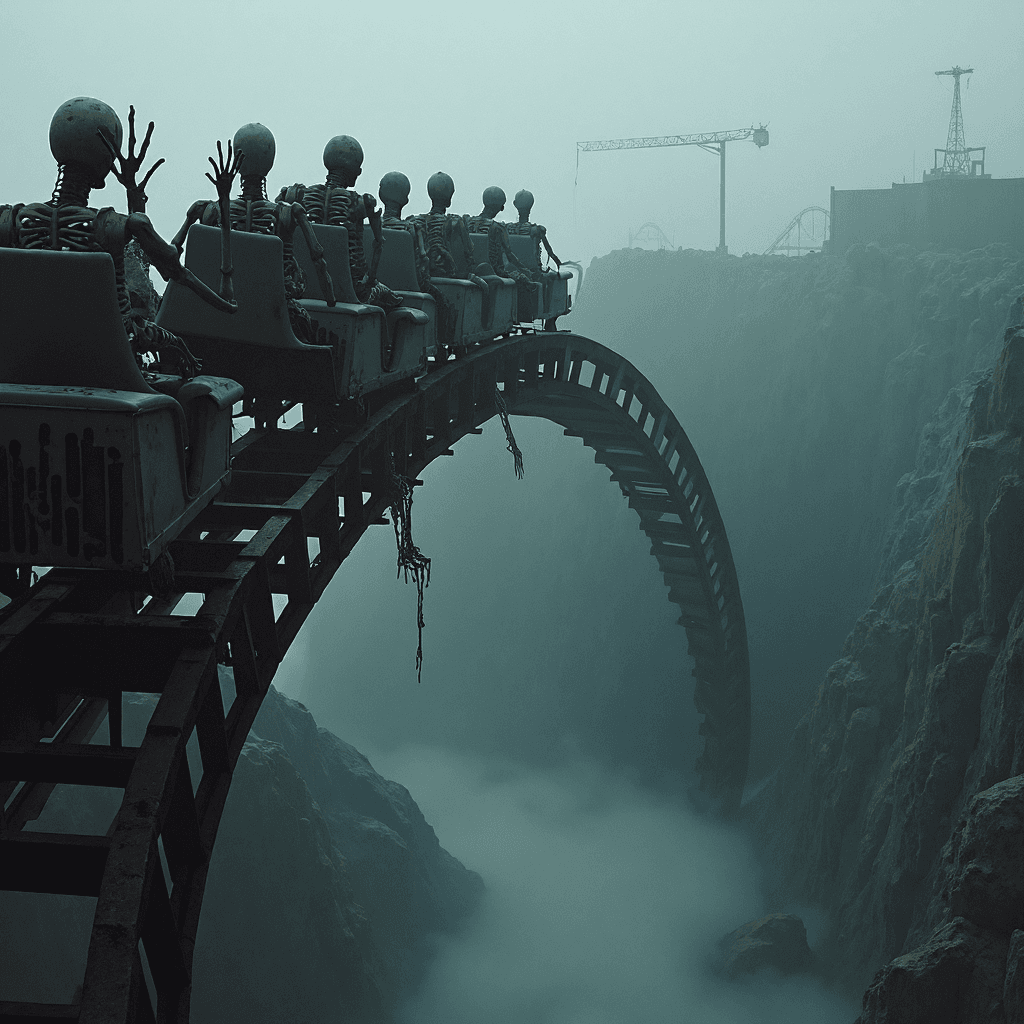 AI generated:  An old roller coaster where the track has collapsed, leaving the cars dangling precariously over a ...