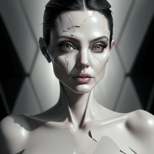 AI generated: Death of a beautiful humanoid Angelina Jolie, close-up of an android, digital art, porcelain face, f...