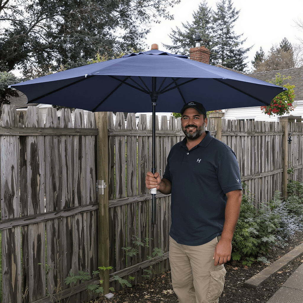 AI generated: man umbrella fence
