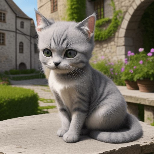 AI generated: gray cute little cushi cat, full of colors, sitting on a table, looking at viewer with love, in a ca...