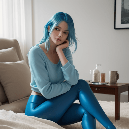 AI generated: High resolution photography interior design, A Bedroom Hall, A wooden Coffee Table, A Woman With Blu...