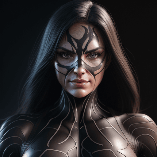 AI generated: 1 bodybuilder woman wearing symbiote with a wide jaw, young beautiful face, soft face, full body vis...