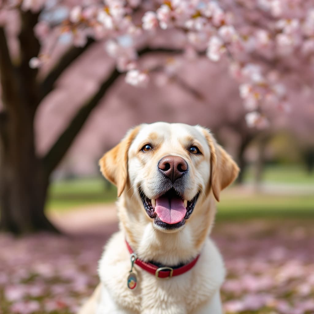 AI generated: a happy real Labrador dog in the park
cherry blossom
