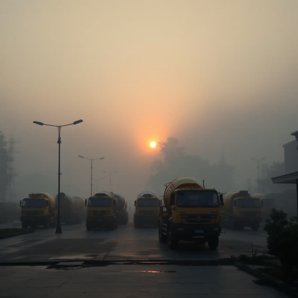AI generated: Sunrise. Calm light breaks through the fog. A row of concrete mixers trucks(yellow with red stripes ...
