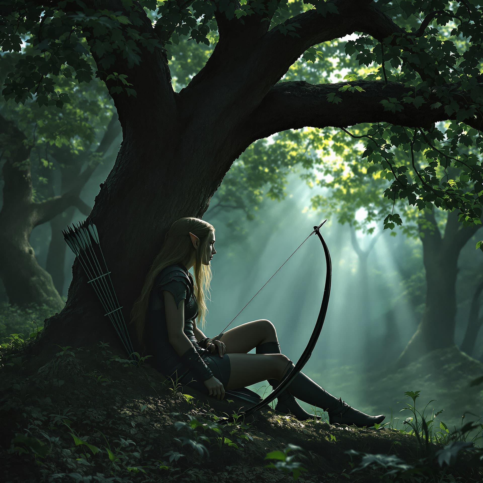 AI generated: female lord of the rings warrior elf sitting under a tree in Lothlórien, watching and expecting an i...