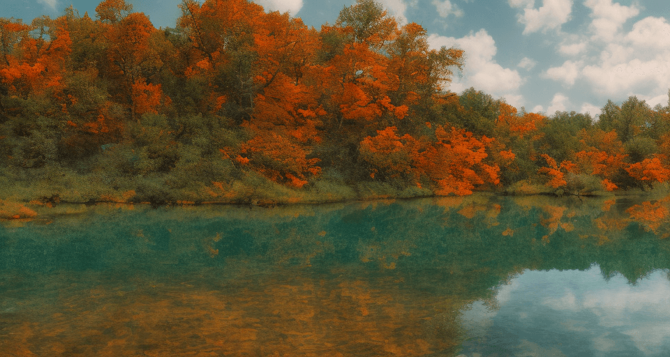 AI generated: High resolution photo toxic orange toned water in a lake with a weathered green landscape