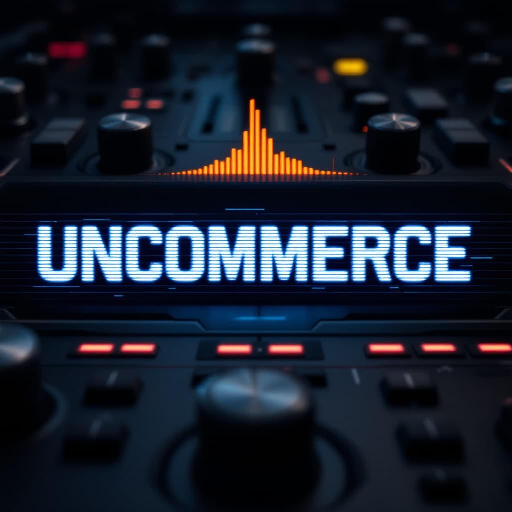 AI generated: futuristic glitch text logo "UNCOMMERCE" over dark synthesizer interface, high-tech UI, audio spectr...
