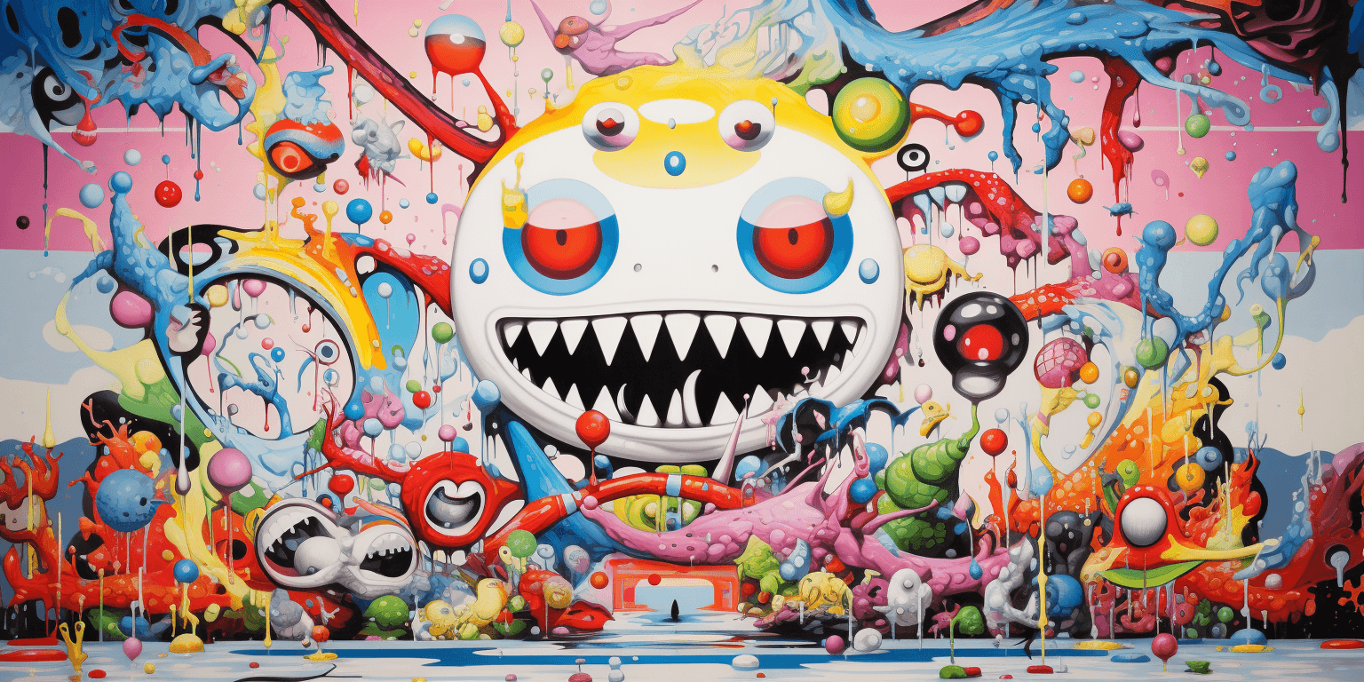 AI generated: a wall art painting featuring a big, colorful cartoon cartoon creature, in the style of takashi mura...