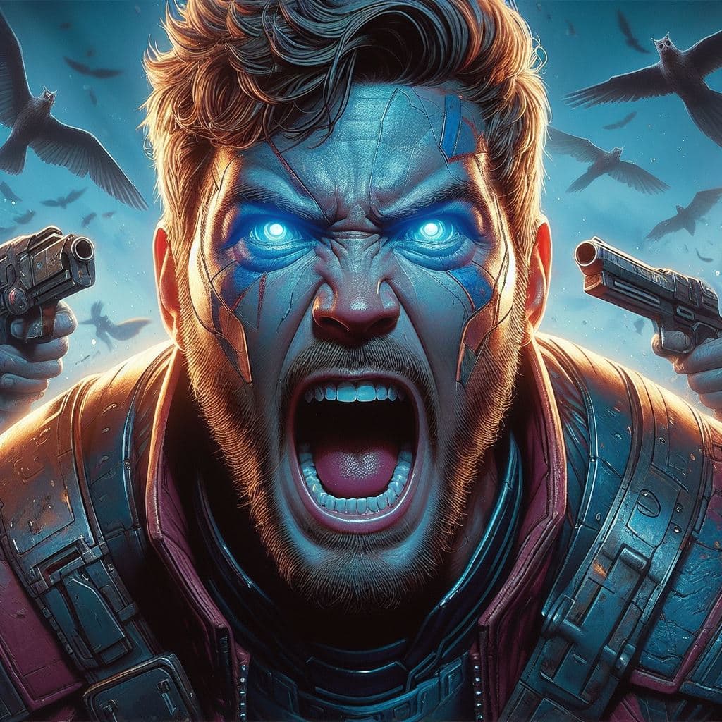 AI generated: close up of Star-Lord of Marvel screaming, in a fit of rage, blue eyes, Masterpiece, gigantic scale,...