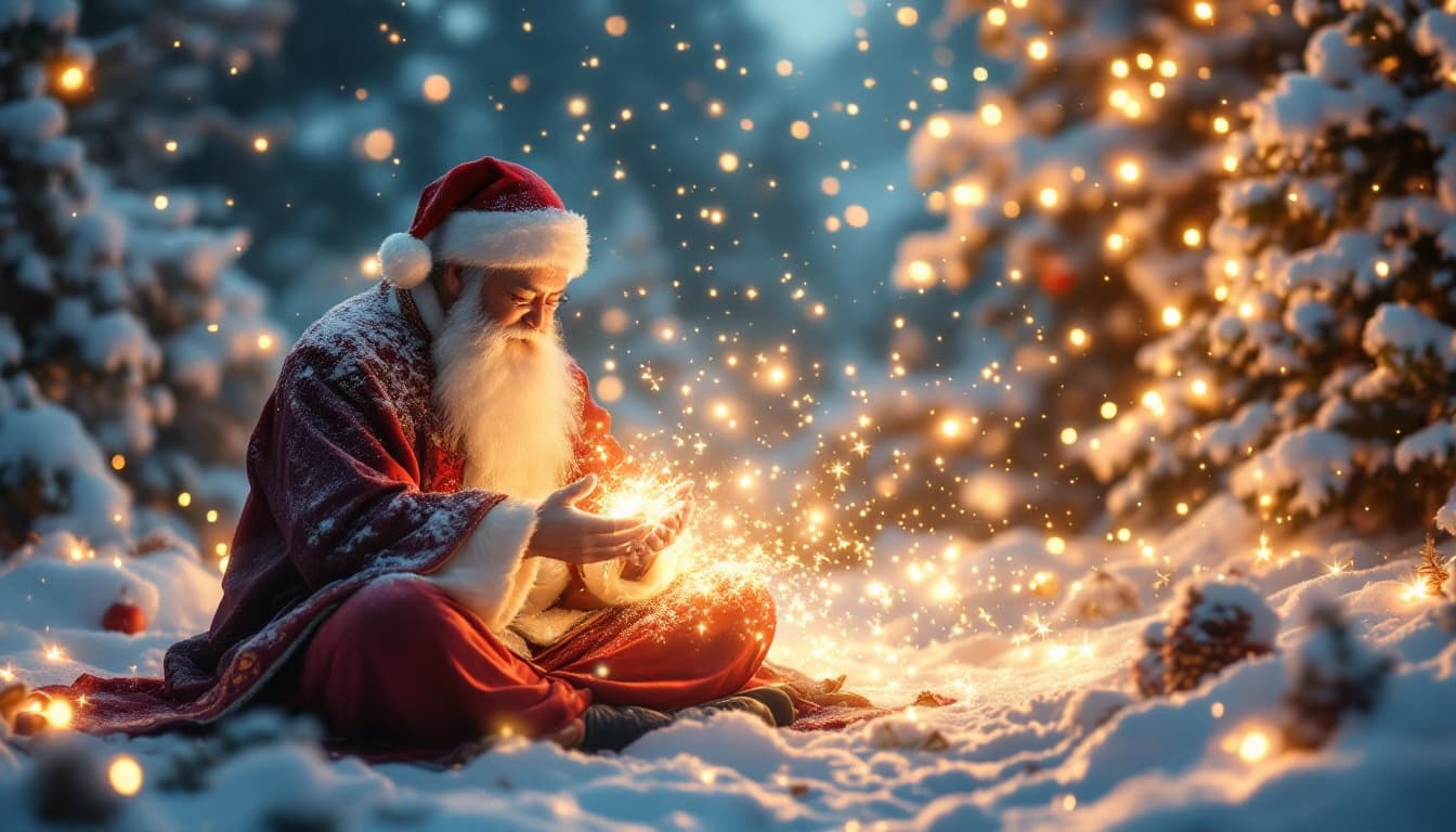 AI generated: le père noël pratiquant le taï-chi-chuan dans la neige , univers féerique , lumineux ambiance noël e...