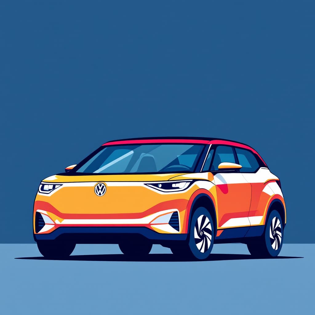 AI generated: illustration art, series of simple, colorful, volkswagen ID 4 SUV exaggerated features, against a so...