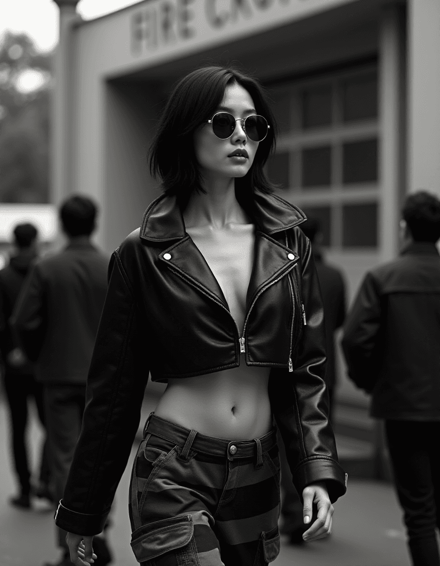 AI generated: monochrome High fashion black and white upper body photo of a slim, small breast, flat chest, abs, y...