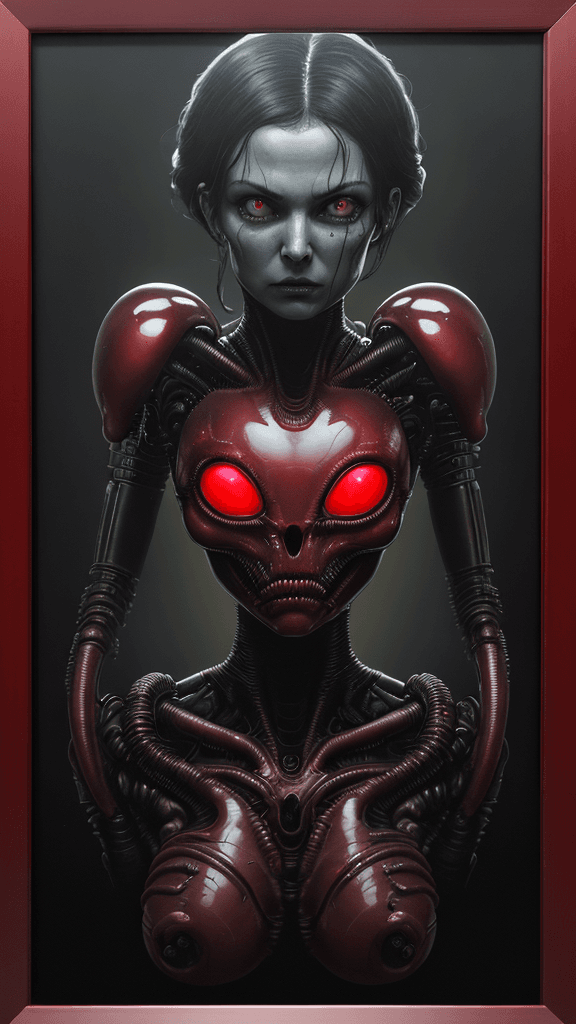 AI generated: ultra HD "complex-inducing (Alien:1.3) RFKTR-style headshot framed transparent ruby red in the style...