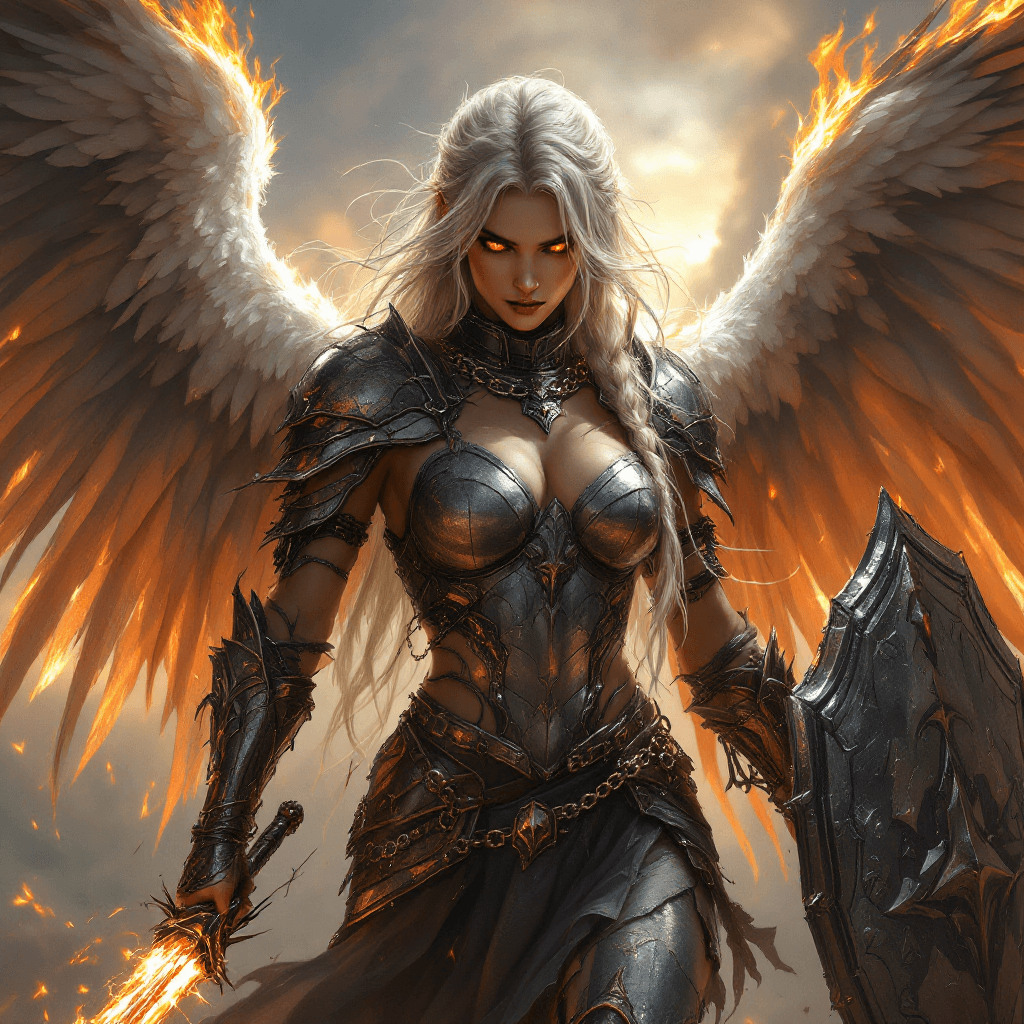 AI generated: 1. The Fallen Angel Paladin: A celestial warrior with long, platinum blonde hair streaked with black...
