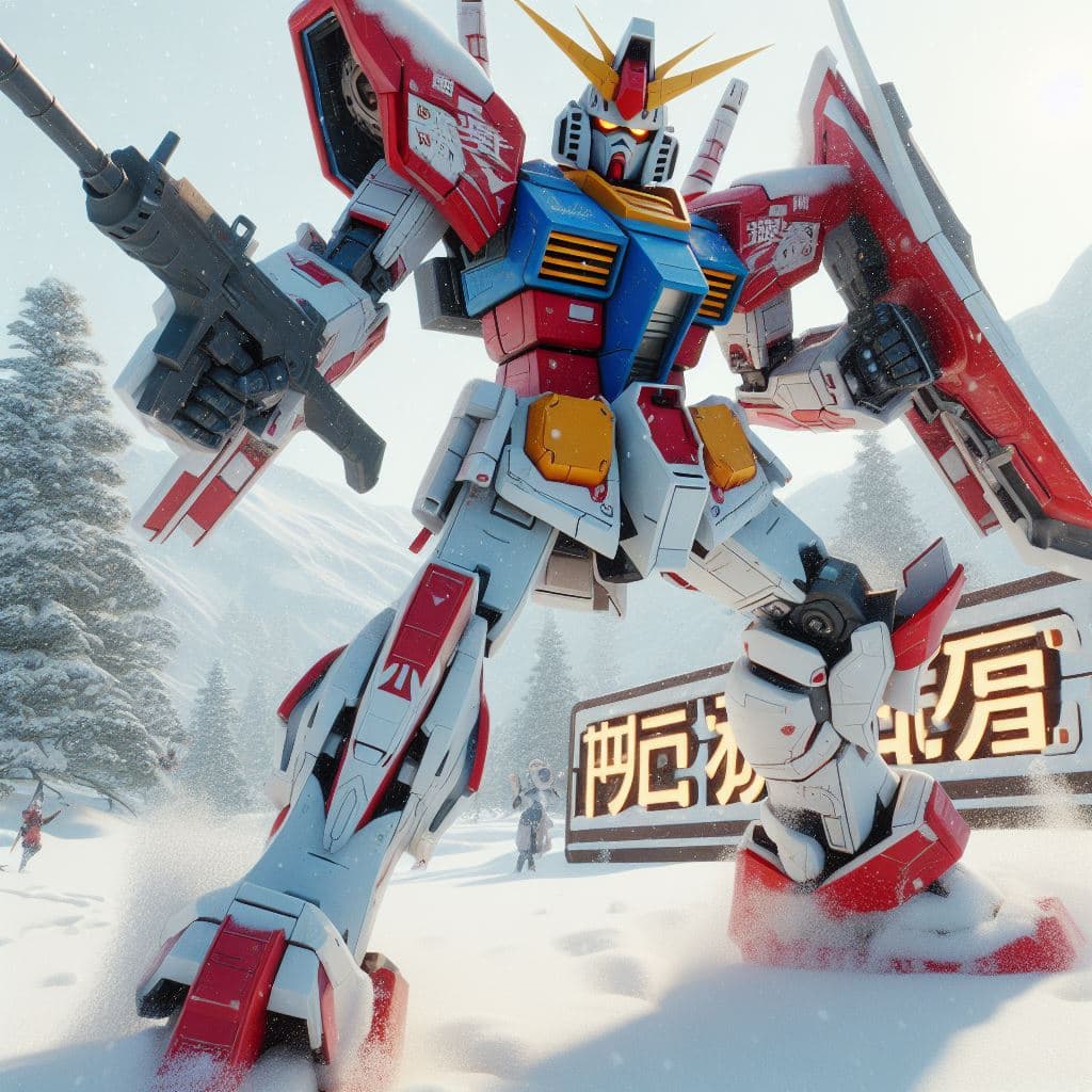 AI generated: Presentacion de Gundam en la nieve haciendo poses epicas con colores llamativos y letras japonesas, ...