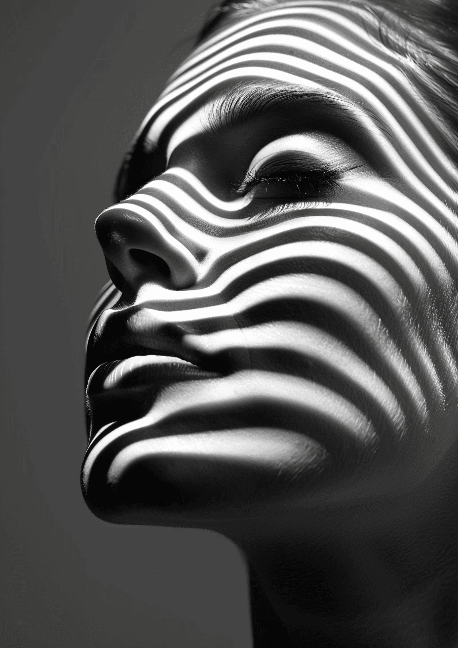 AI generated: lack and white photography of the face with lines. The head is made out of stripes of light in the s...