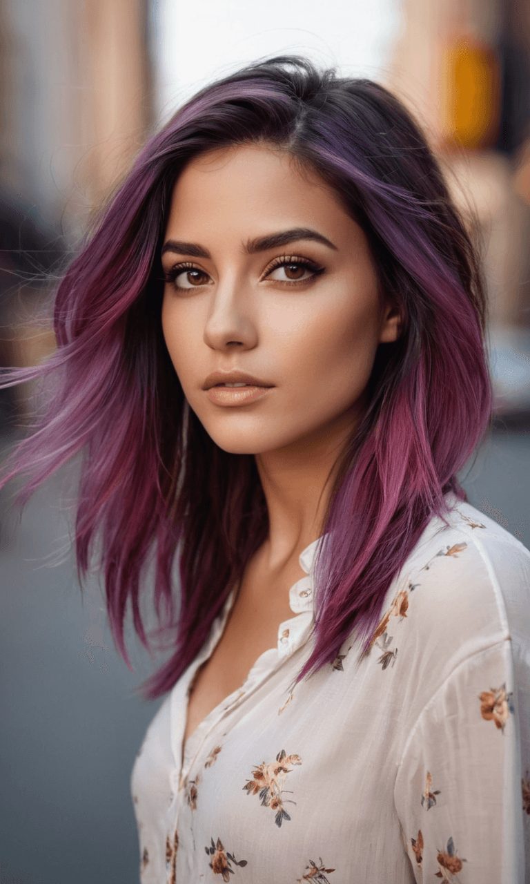 AI generated: A realistic photograph of a stunning girl with [colorful hair] with [dark roots], a [small nose], hi...