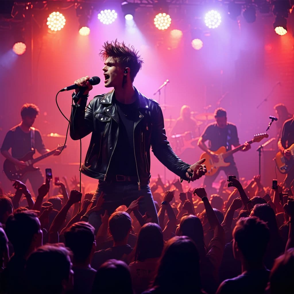 AI generated: Ein energiegeladenes Punkrock-Konzert in einer überfüllten, dunklen Clubszene. Der Sänger, ein rebel...