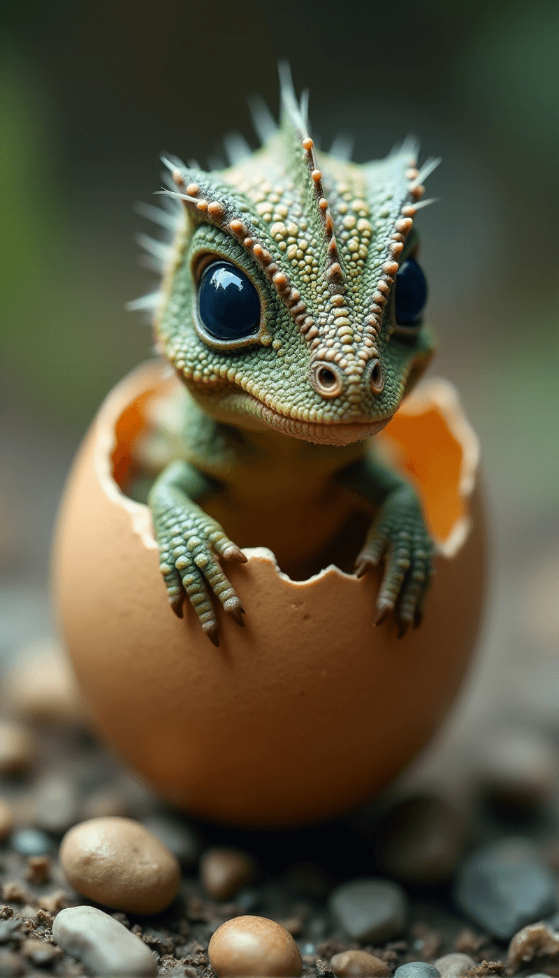 AI generated: (Photorealistic macro shot) of a (miniature newborn dinosaur) crawling out of a (broken eggshell). T...