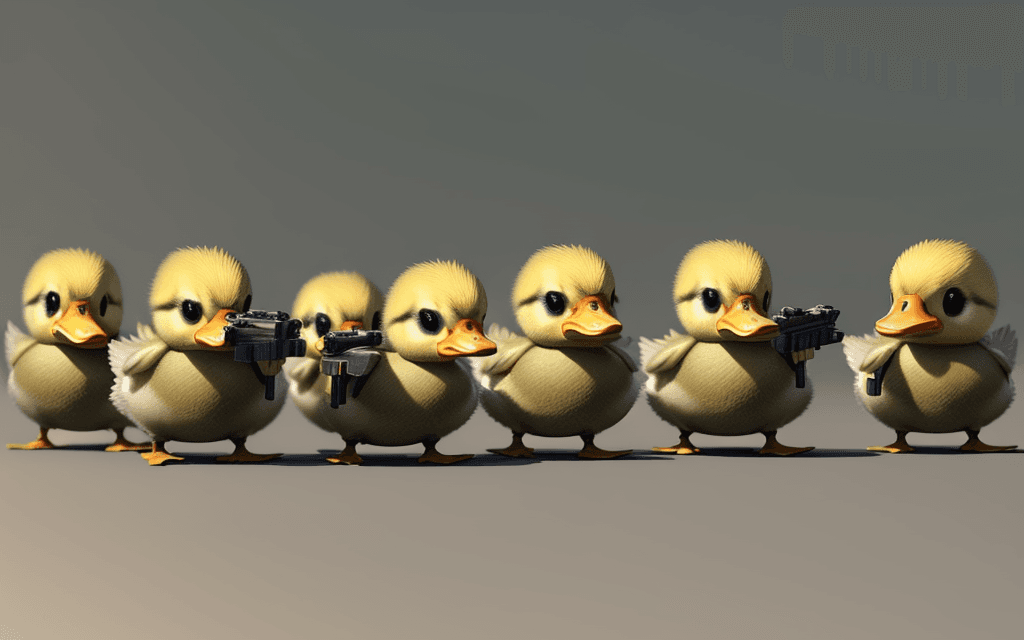 AI generated: 5 Little ducklings holding guns in their hands and going to war. Realistic light and realistic duckl...