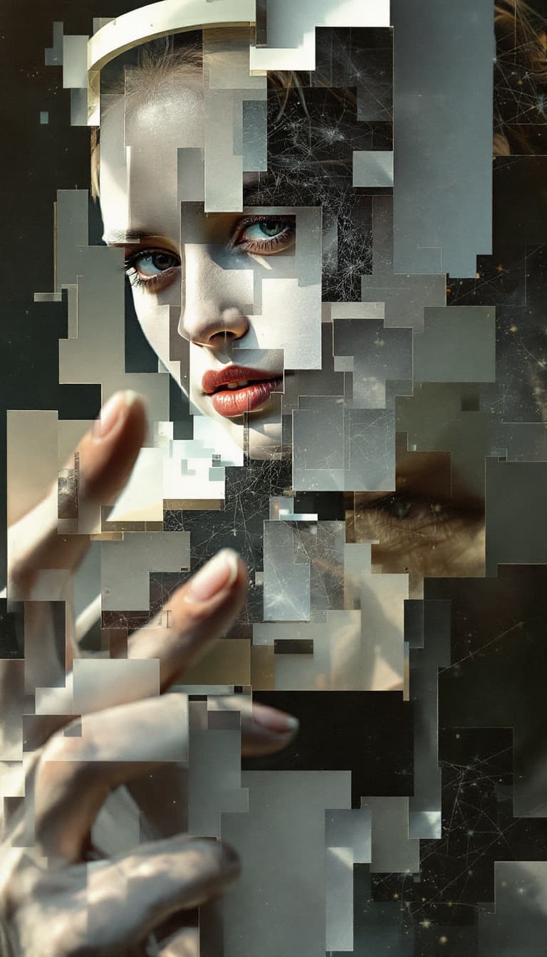 AI generated: Photomontage, Layered Images, Mixed Media, Surreal, Woman Holding a Mirror Reflecting, Distorted Exp...
