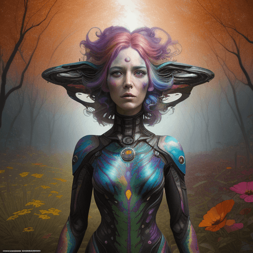 AI generated: Species woman individual from another planet with multicolored hair, beautiful colorful eyes, run in...