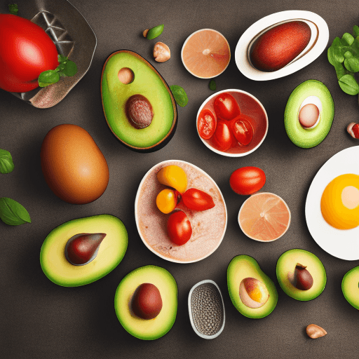 AI generated: very healthy food plate with avocados, tomatoes, eggs and other healthy food, 8 k resolution, food p...