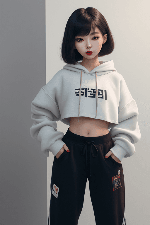 AI generated: 1 girl, beautiful Korean girl, (Cute Loose Bob hair), (wearing a cropped hoodie, capri sweatpants:1....