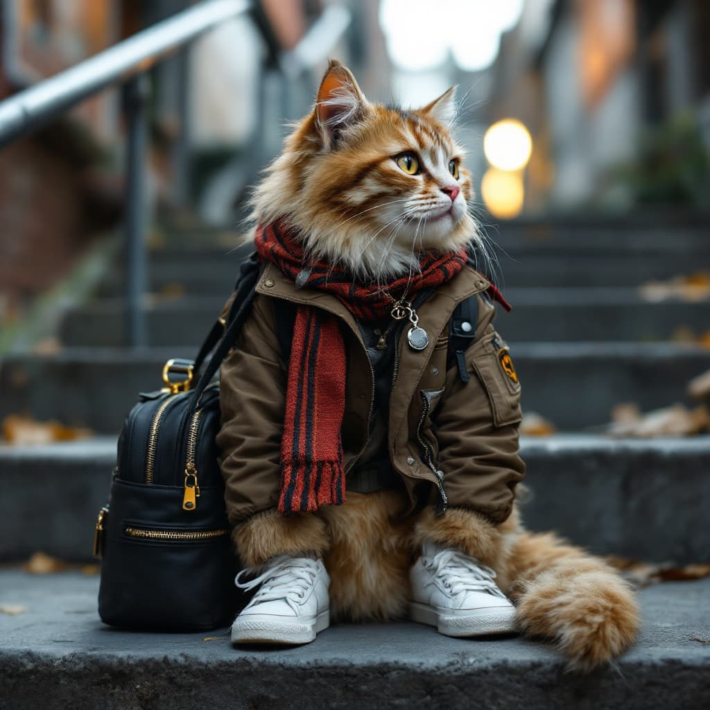 AI generated: anthropomorphic, a cat named ”street style KOL kitty” wearing dark brown flight jacket, and white sn...