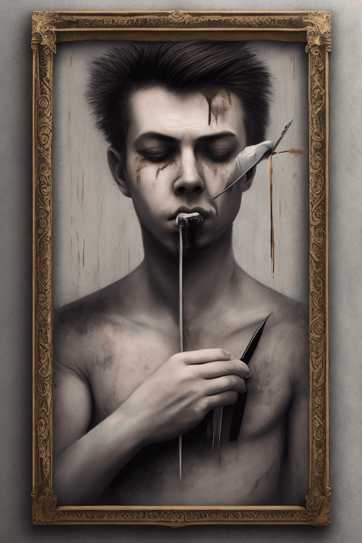 AI generated: create image of a young man stabs a pen in himself .the image is a wall painting in wooden frame, go...