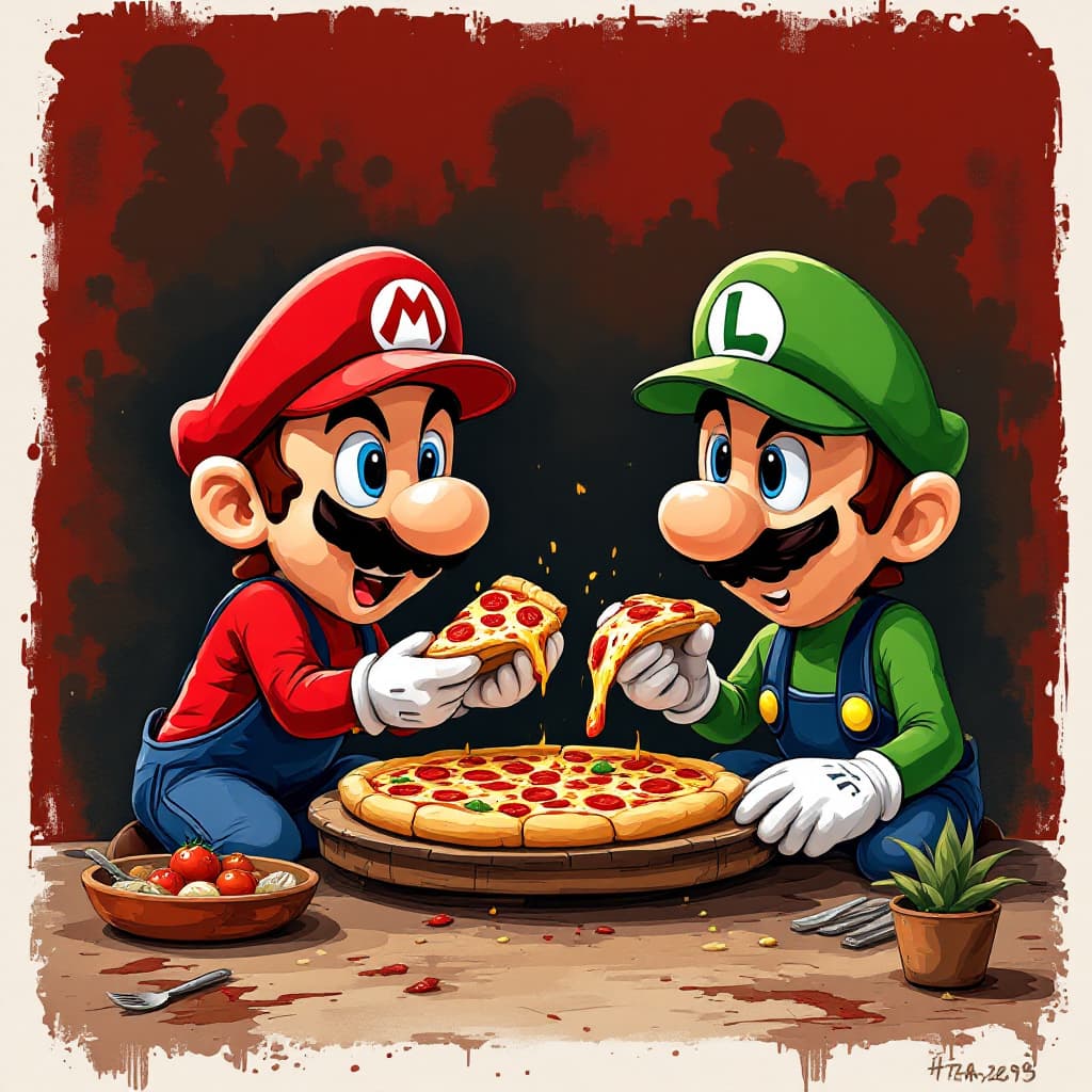 AI generated: mario and luigi having pizza , in the style of street art aesthetic, cute cartoonish designs, photo-...