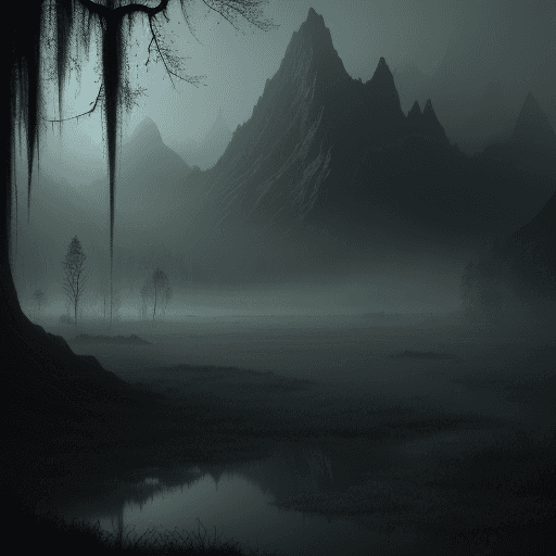AI generated: dark fantasy landscape with swamps, trees, fog and mountains in back plan