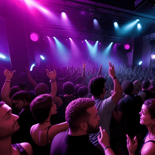 AI generated: club venue with people dancing and looking at the djs
