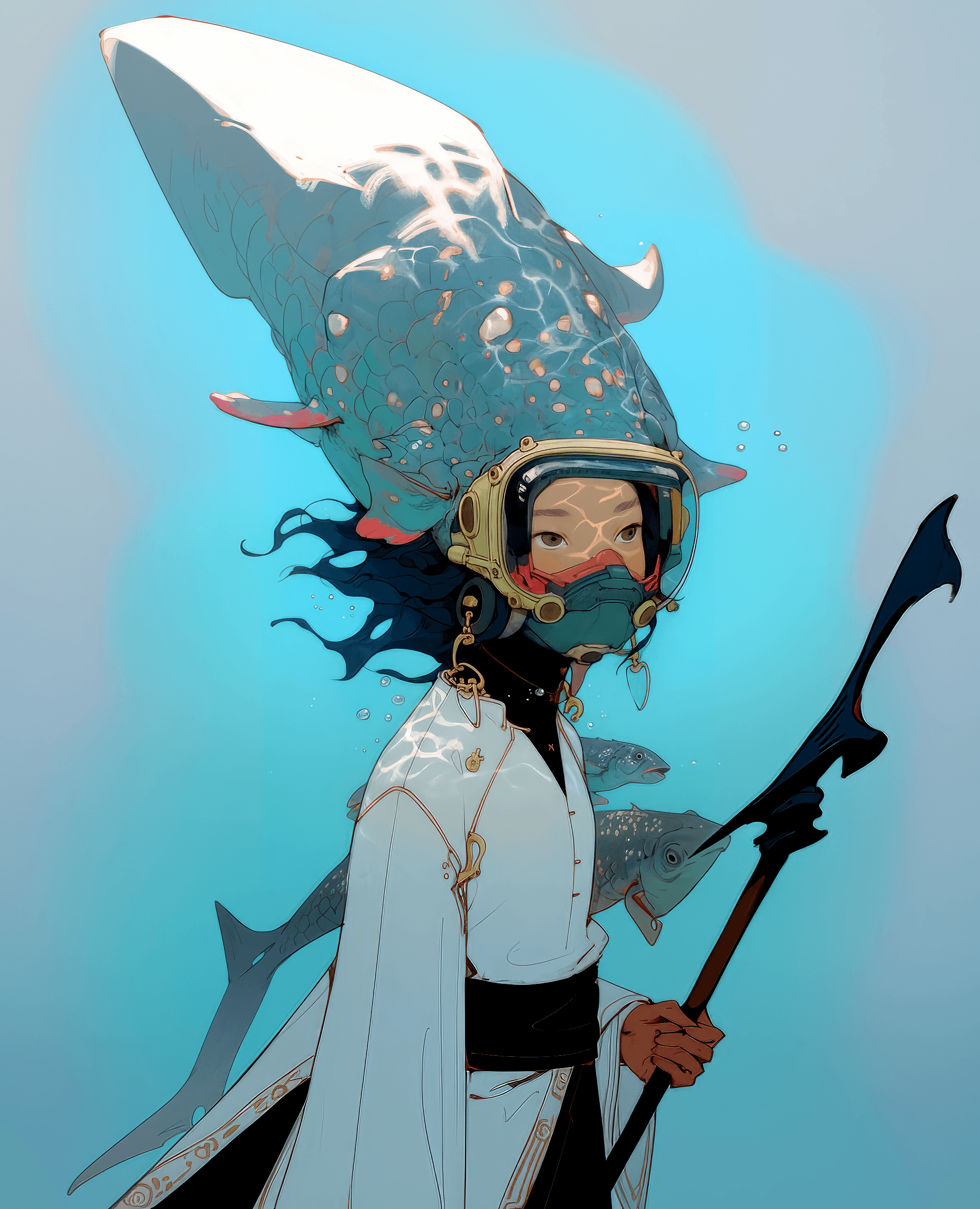 AI generated: a painting of a woman with a dragon head, in the style of intricate underwater worlds, frank quitely...