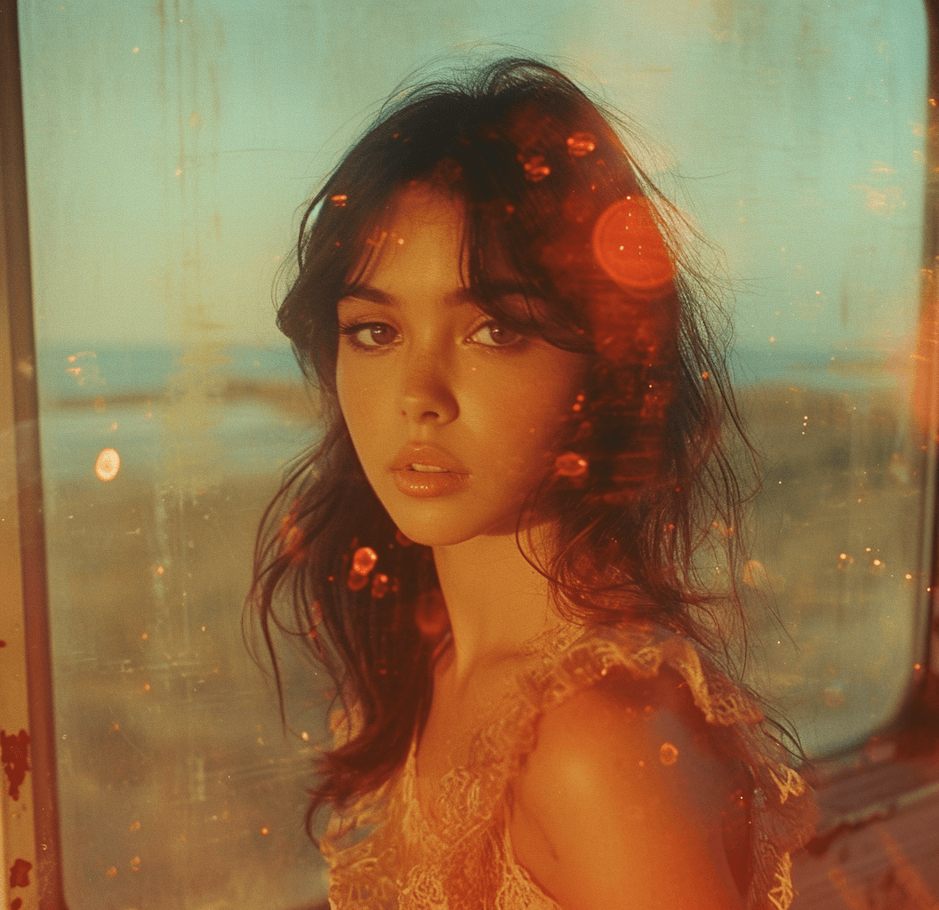 AI generated: Beautiful woman posing, in the style of rustic americana, blurred imagery, 1970s, beach portraits, v...