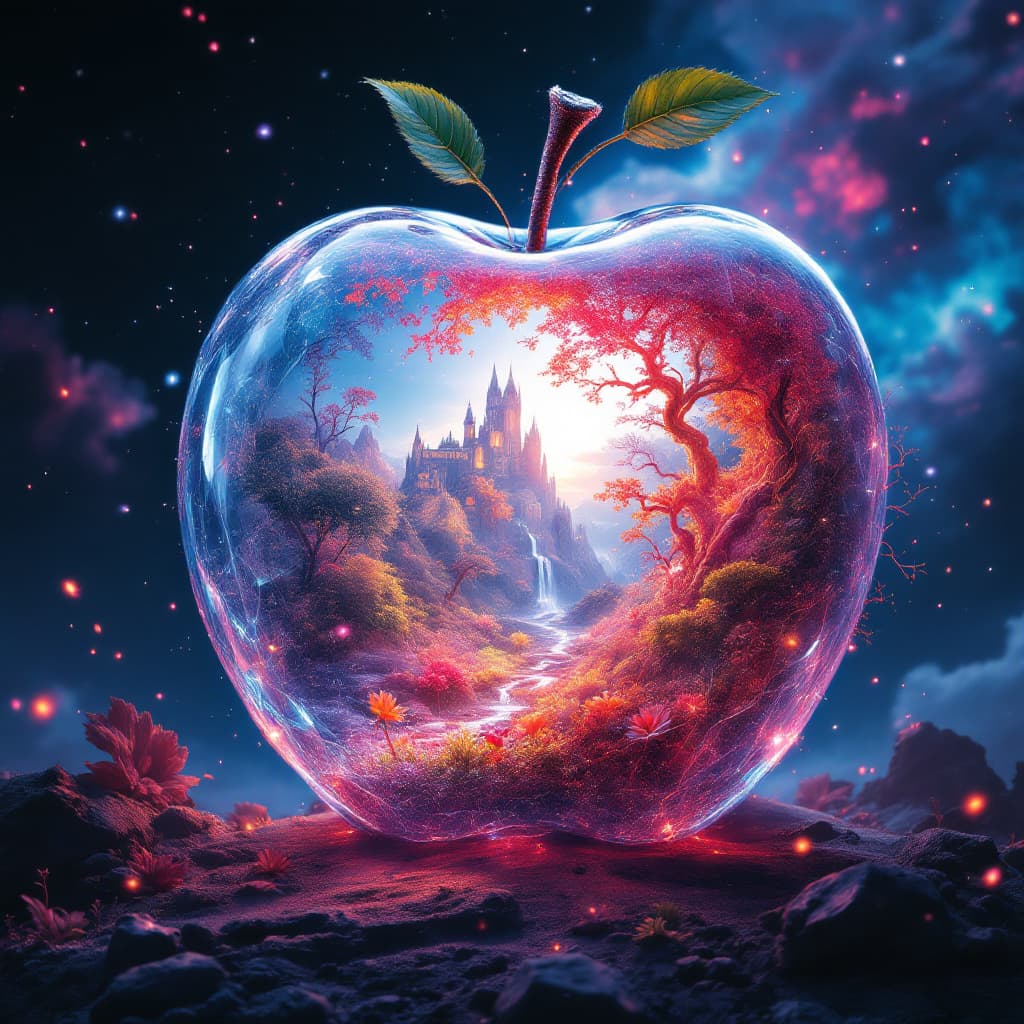AI generated: poison apple fantasy world inside of a crystal apple, hyperdetailed double exposure fantasy illustra...
