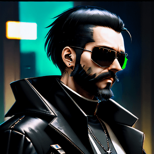 AI generated: cyberpunk priest with cyberware and aviator sunglasses. wear leather coat. short black hair and shor...