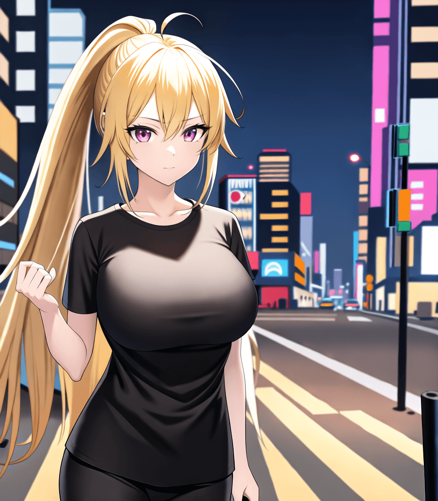 AI generated: (perfect anime illustration), 1girl, ponytail, ahoge, long blonde hair, huge breasts, cityscape, cit...