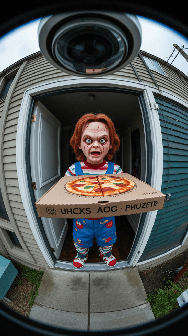 AI generated: overhead surveillance camera view, fisheye lens. Scary chucky stands at the cam of an apartment. he`...