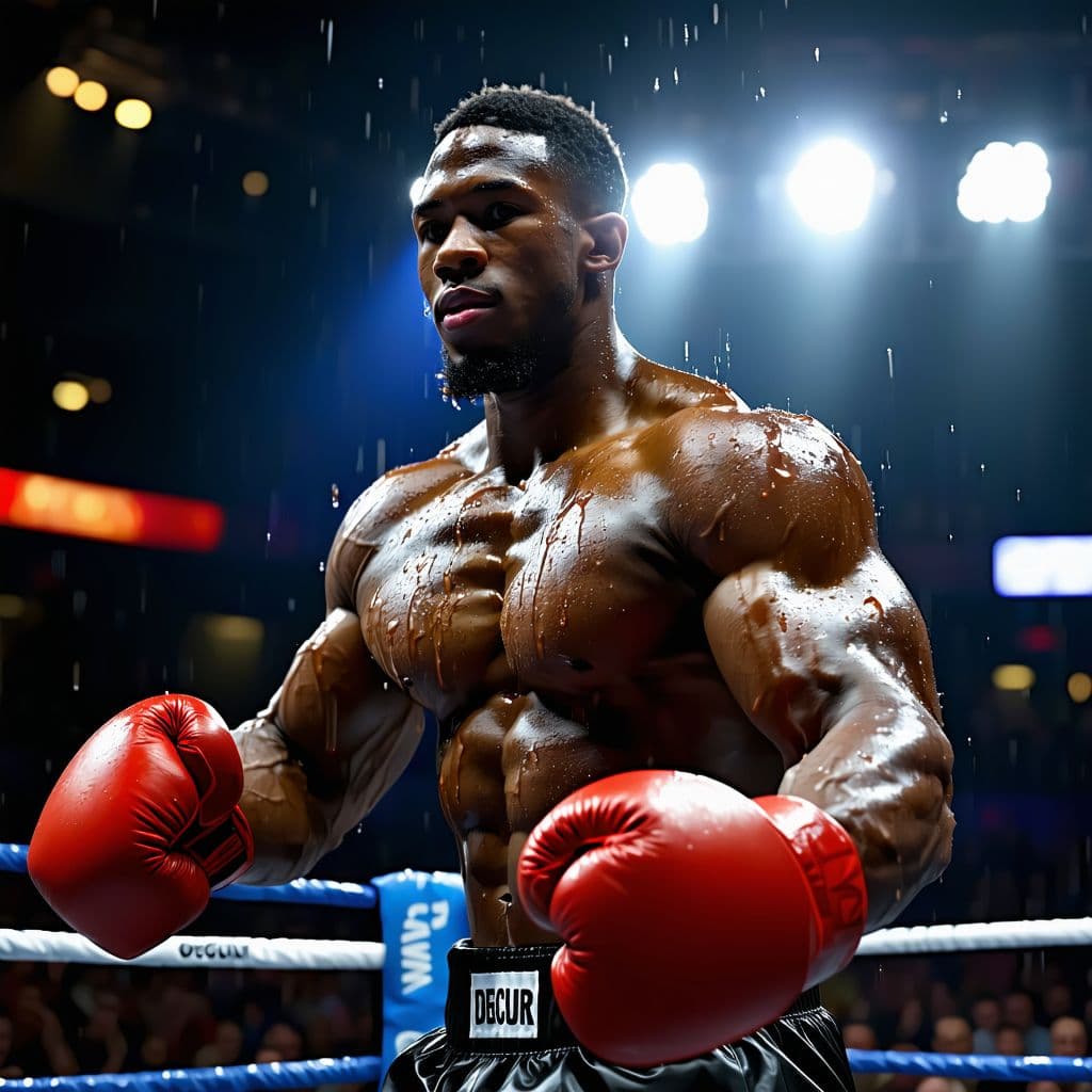 AI generated: A muscular boxer in the ring flexes his chiseled biceps, sweat glistening under intense spotlight. T...