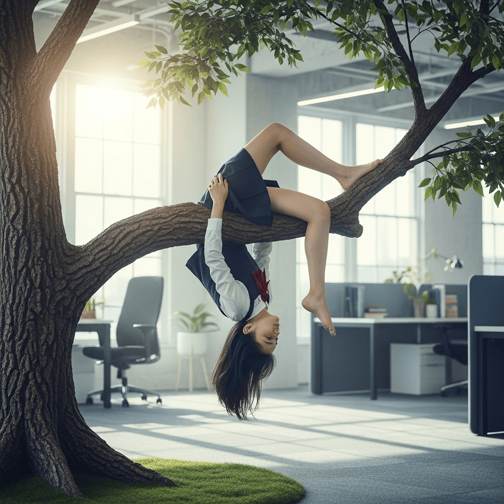 AI generated: draw a girl in her office uniform, long legs, lie on her back on a large tree branch,  head hanging ...