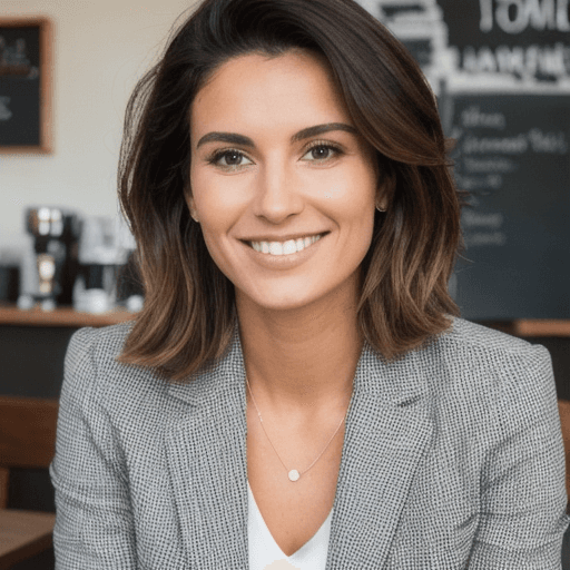 AI generated: A 30 years woman sitting in a coffee shop, wearing a casual suit to work. She gazes directly at the ...