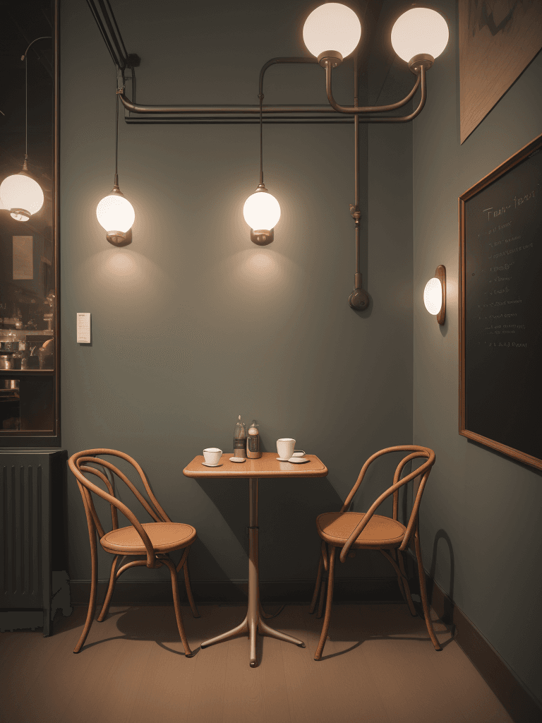 AI generated: Intimate cafe space, front view, Thonet No. 14 chairs, Poul Henningsen lamps, captured with a Fujifi...
