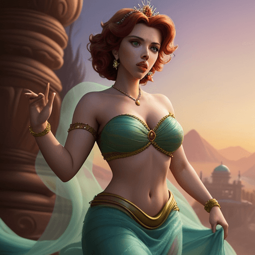 AI generated: Scarlett Johansson dressed as Disney's Princess Jasmine, hyper-realistic image