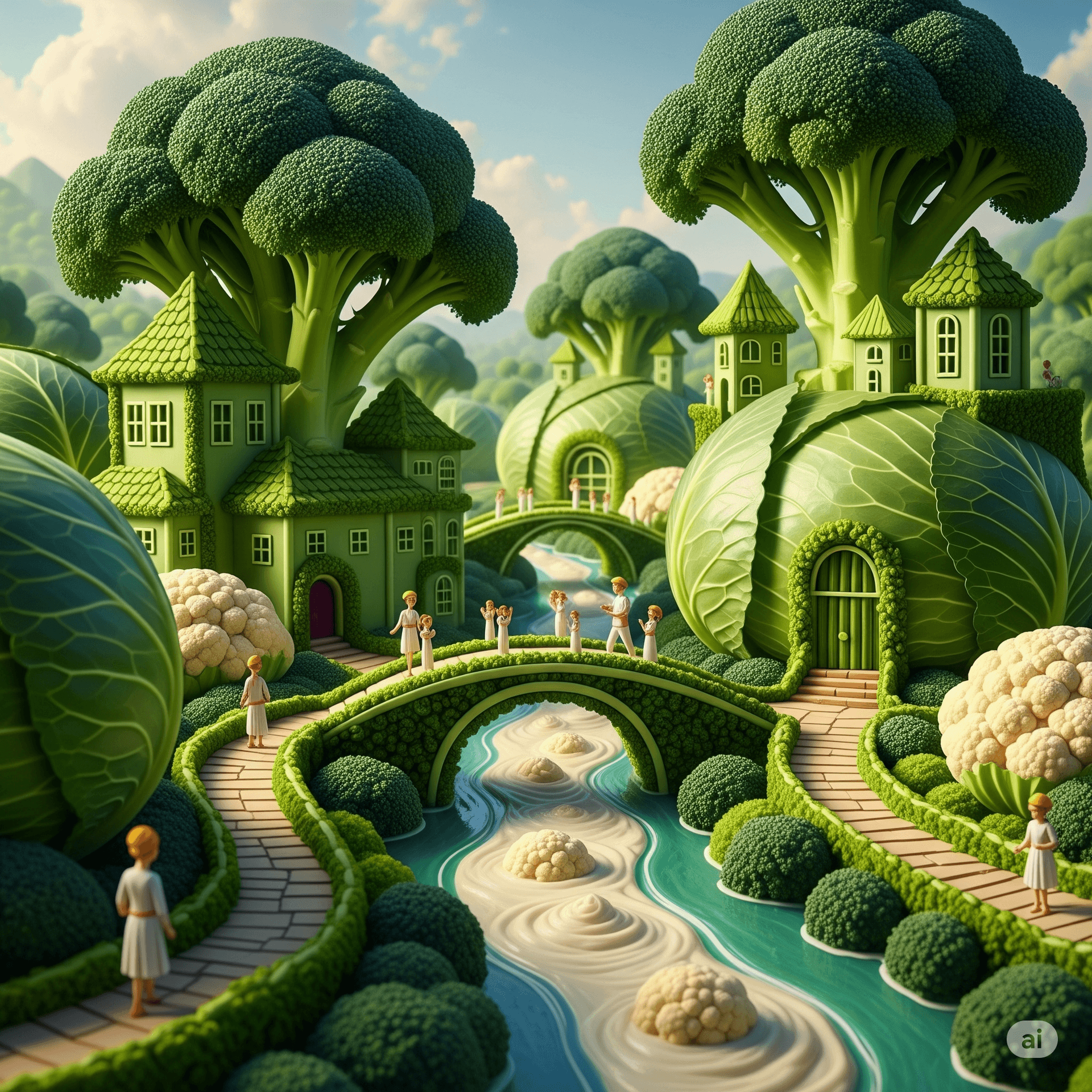 AI generated: a world sculpted from cabbage leaves and broccoli, architecture, landscapes, and the ordinary warped...