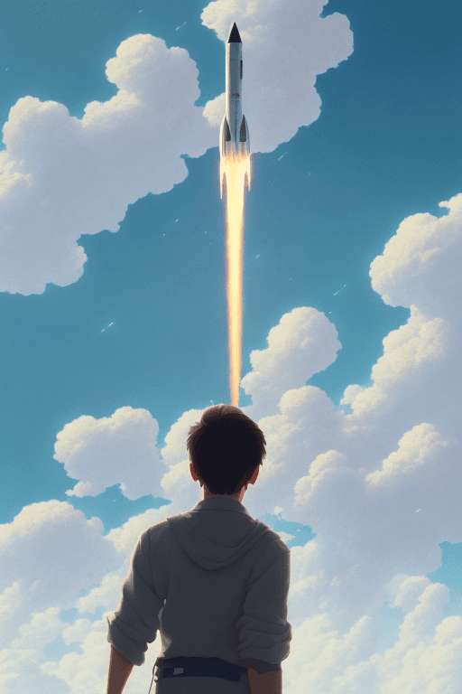 AI generated: a highly detailed matte painting of a man on a hill watching a rocket launch in the distance by stud...