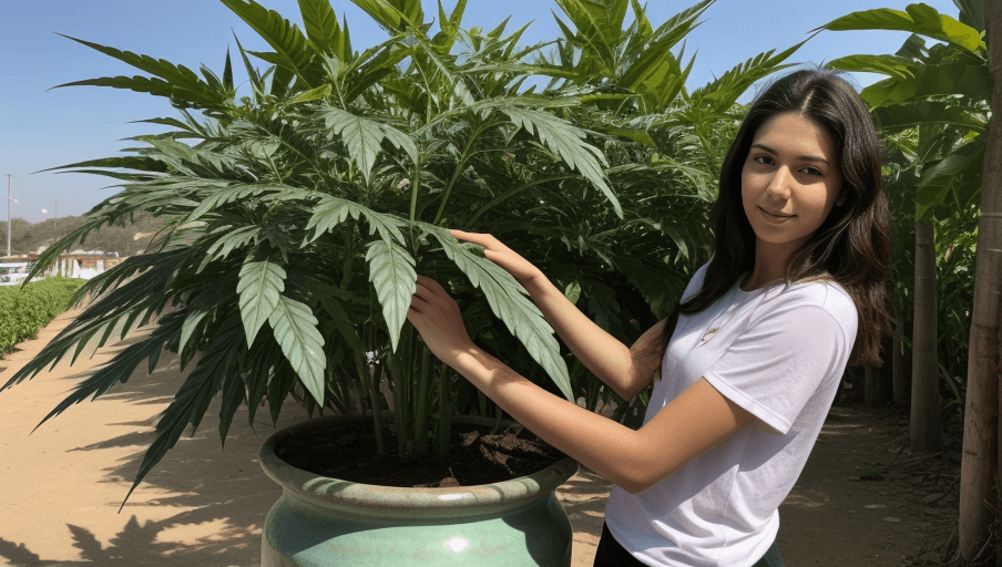 AI generated: beautiful woman holding giant pot leaf
