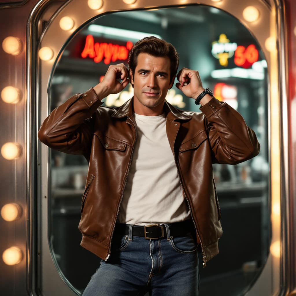AI generated: A charismatic, cool man known as  the Fonz from *Happy Days* stands confidently in front of a mirror...