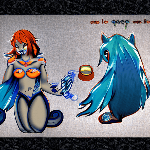AI generated: nsfw, art, furry, anthro wolf, orange eyes, smiling face, blue hair, naked, big breasts, nipples
