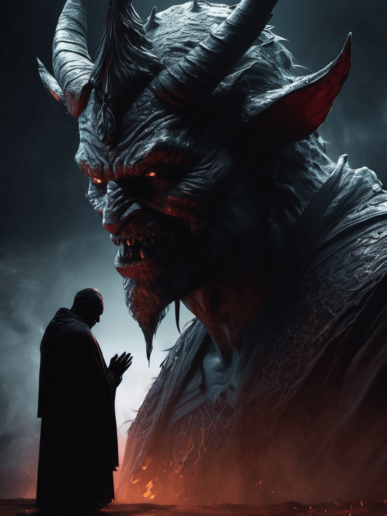 AI generated: scary demon looking at a praying man, dark shot, mysterious uncomfortable atmosphere, art, illustrat...